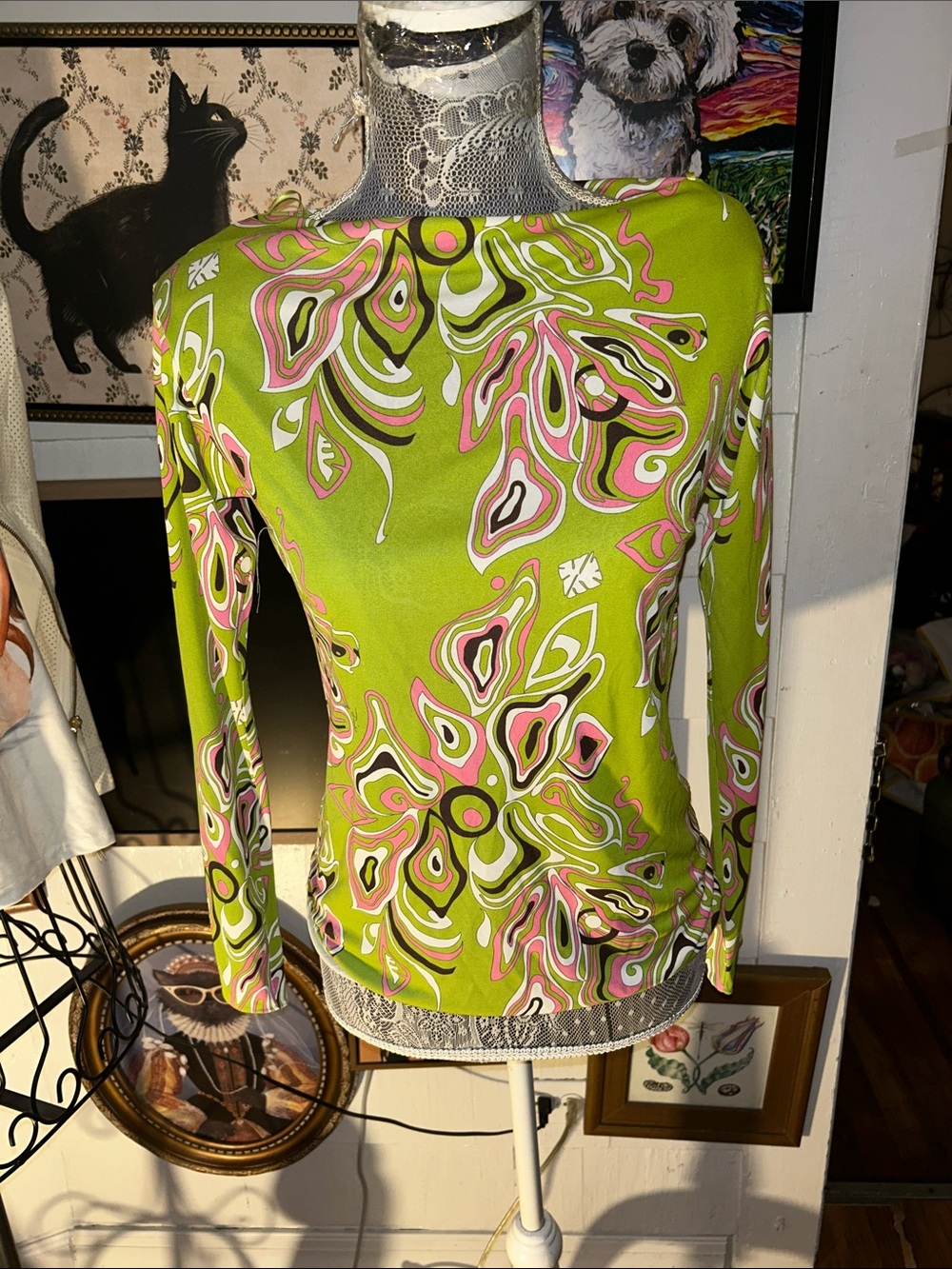 Emilio Pucci Lime Green Long-Sleeve Abstract Print Top